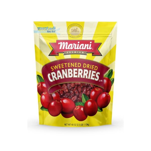 Arándanos Secos Mariani en bolsa de 1.13 kg, jugosos y equilibrados en dulzura y acidez. Perfectos para snacks, recetas y repostería.